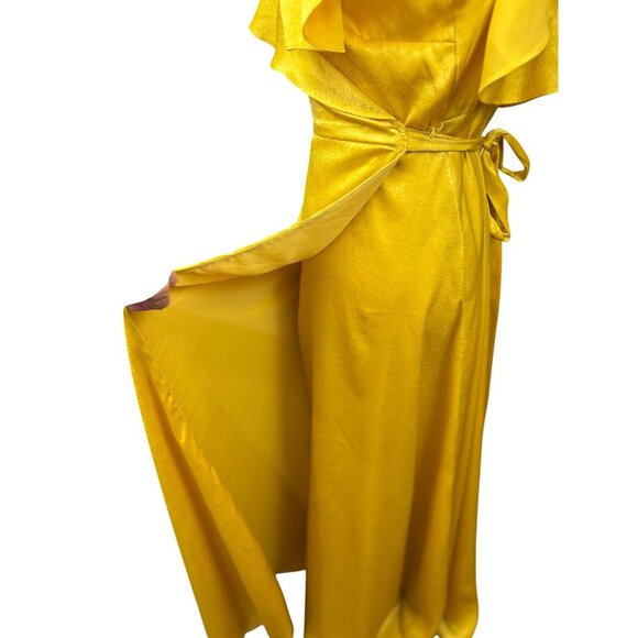 NEW Lulus XL Yellow Ruffled Cold Shoulder Maxi Wrap Satin Dress Formal Gown Chic - Picture 10 of 13